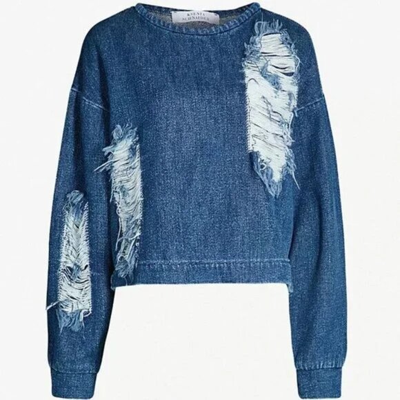 Designer Fall/Winter 2018 RTW Collection Distressed Denim Top/Sweater Blue S - Picture 2 of 6